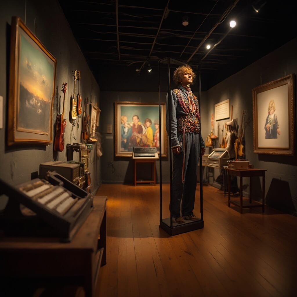 Interior shot of the Power of Rock Experience exhibit in a museum, showcasing vintage musical instruments, stage costumes, memorabilia, and Jimi Hendrix's original performance outfit under warm tungsten lighting, captured with a Leica camera in a museum exhibition photography style.