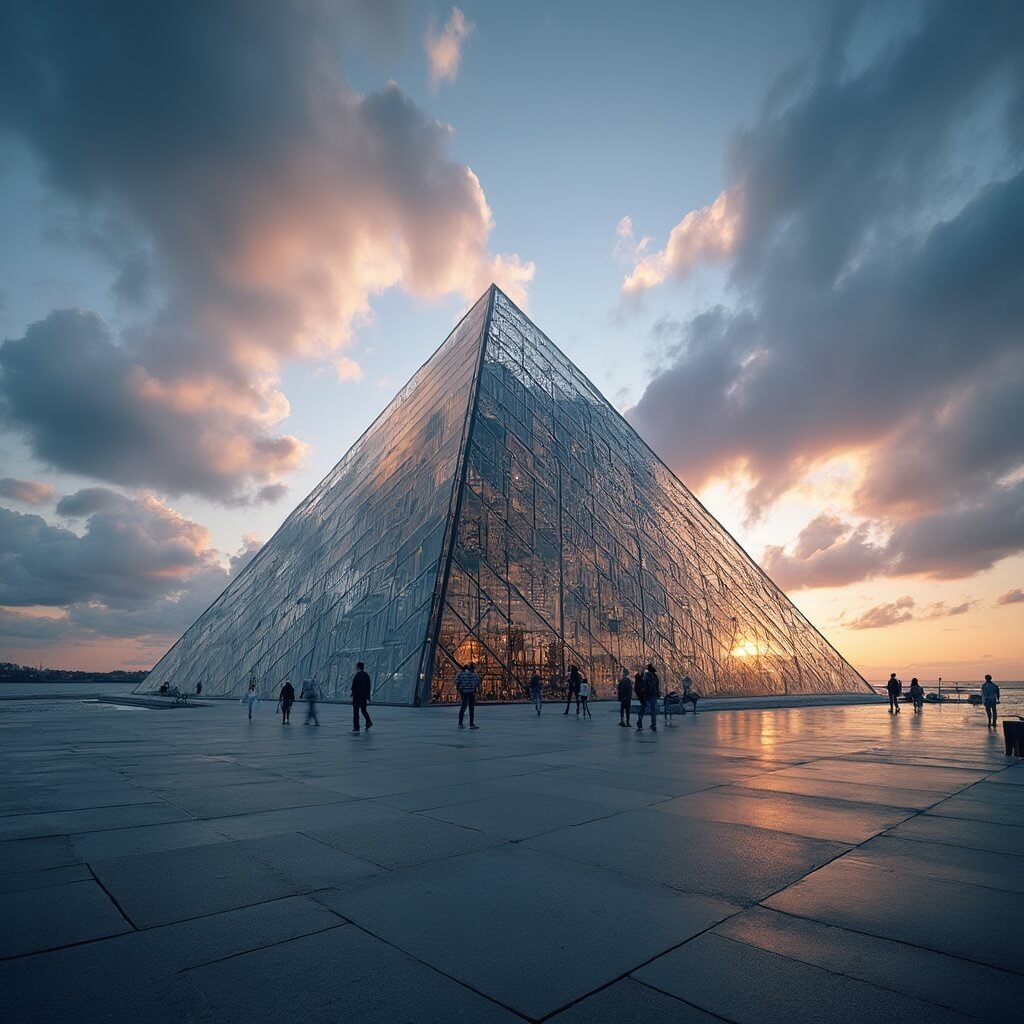 Ultra-high resolution image of the Rock & Roll Hall of Fame museum's modernist pyramid glass structure during golden hour against Lake Erie backdrop