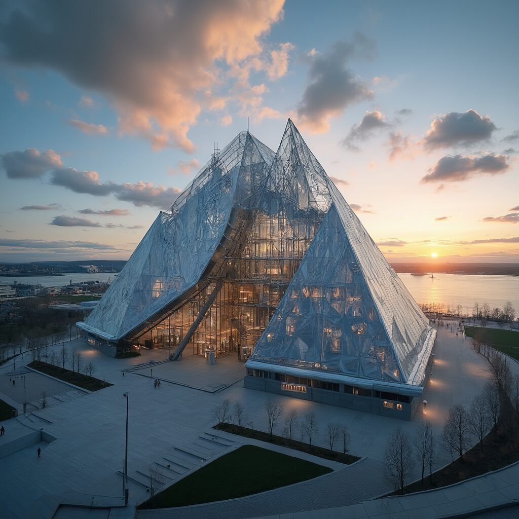 Architectural photography of the Rock & Roll Hall of Fame museum with its glass pyramid structure against Lake Erie backdrop during golden hour