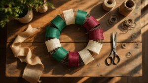 Cinematic overhead view of a rustic wooden crafting table with vibrant deco mesh rolls in emerald green, burgundy, and ivory, a wire wreath frame, scattered pipe cleaners, floral wire, and shiny scissors, all bathed in warm golden afternoon light, creating a cozy and inviting creative workspace.