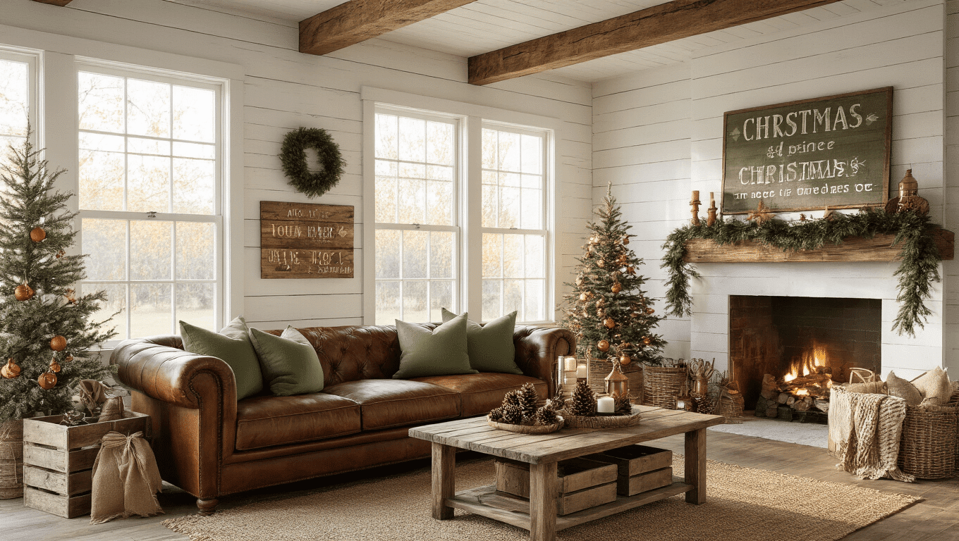 Cinematic wide-angle shot of a cozy rustic farmhouse living room featuring exposed wooden beams, shiplap walls, and warm golden hour sunlight. A weathered leather sofa with sage green pillows sits in front of a reclaimed wood mantel decorated with vintage Christmas signs, pinecones, and burlap ribbon garlands. Cozy natural textures and warm tones create an inviting atmosphere.