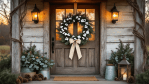 Ultra-detailed rustic farmhouse front door decorated with a handcrafted grapevine Christmas wreath, featuring eucalyptus, cotton stems, and cream burlap, nestled against a weathered wood door illuminated by warm amber light.