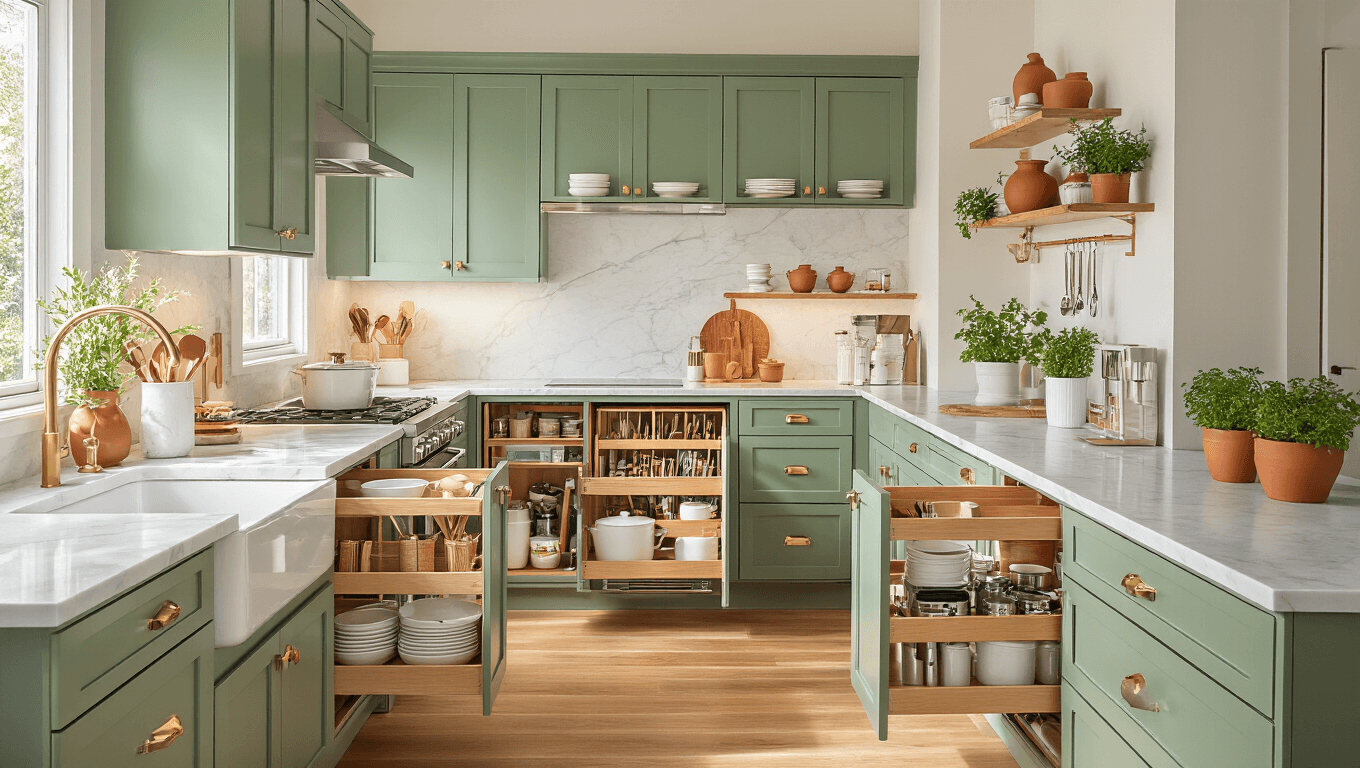 Cinematic overhead view of a compact L-shaped kitchen with sage green cabinets, white marble countertops, warm oak flooring, organized storage solutions, and soft morning sunlight streaming through a window.