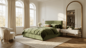Luxurious bedroom with sage green velvet bed, herringbone hardwood floors, golden sunlight, antique brass mirror, and elegant seating area.