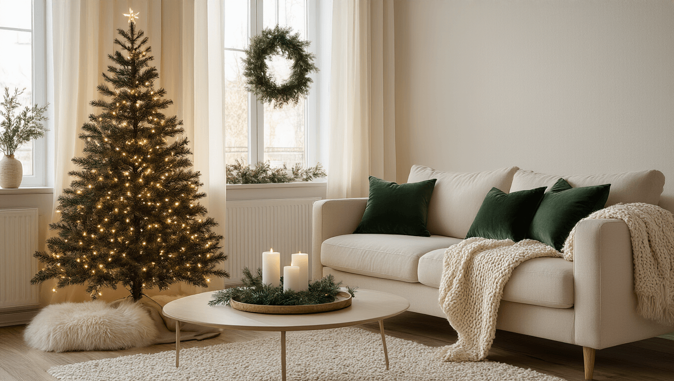 Cozy Scandinavian living room with a slim pencil Christmas tree, cream sofa, chunky knit throw, and natural decor, bathed in warm golden hour sunlight.
