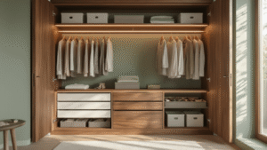 Cinematic view of a Scandinavian bedroom cupboard featuring walnut shelving, organized clothing on velvet hangers, illuminated by soft LED lighting, with accessories neatly arranged in adjustable dividers, pull-out jewelry trays, and a sage green accent wall, all bathed in natural morning light.
