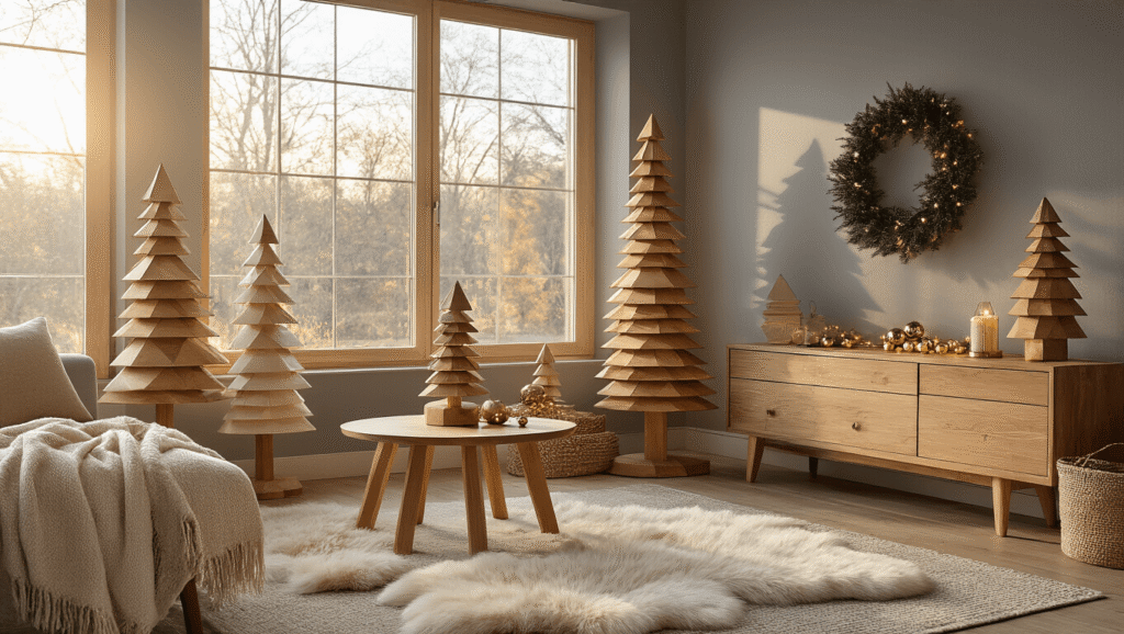 Cinematic wide shot of a minimalist Scandinavian living room adorned with handcrafted wooden Christmas trees made from cedar and pine, featuring warm lighting, cozy textures, and soft shadows on dove gray walls.
