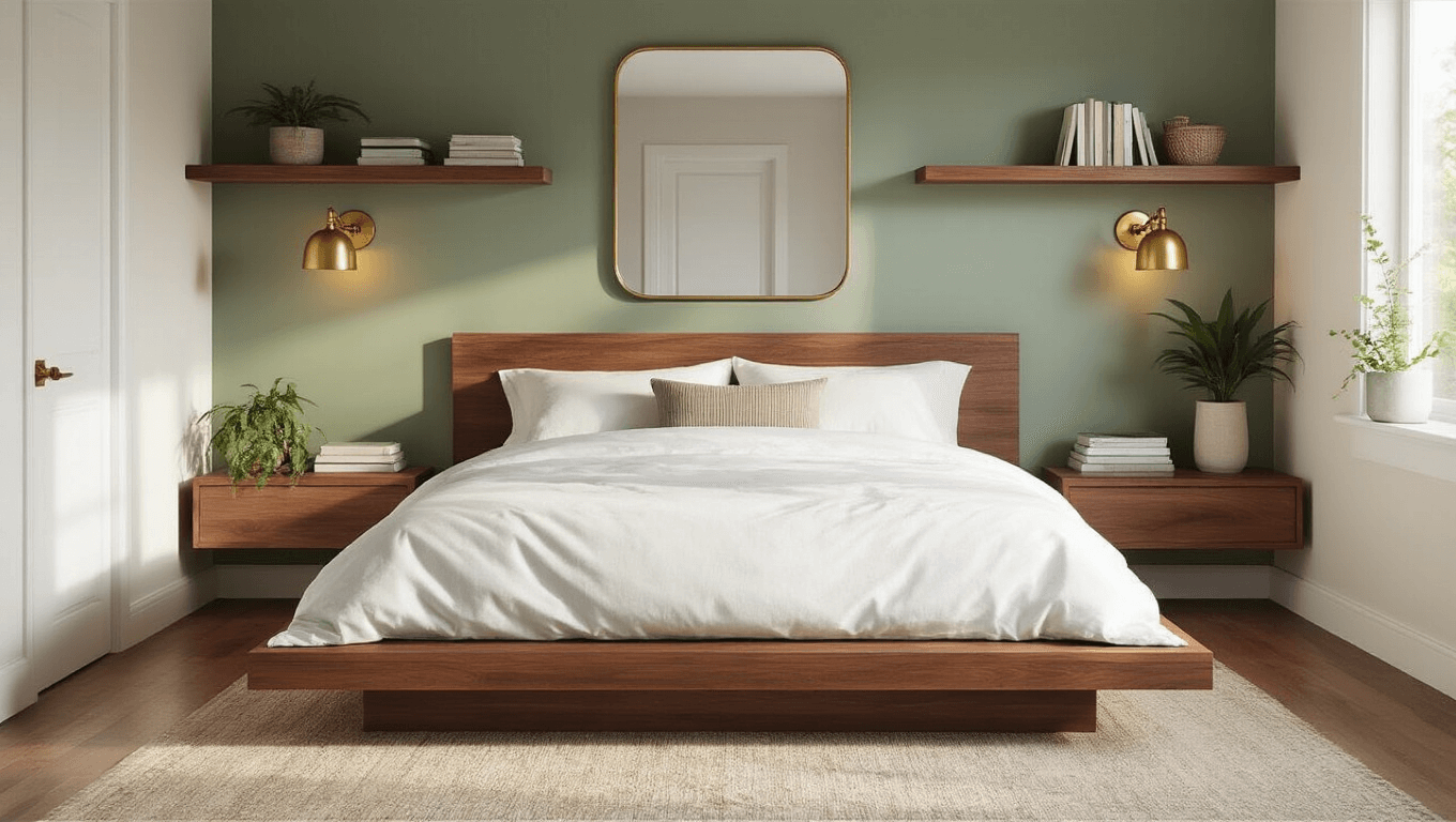 Cinematic wide-angle view of a small bedroom with a low wooden platform bed, white linens, floating walnut shelves, wall-mounted brass sconces, sage green accent wall, and carefully arranged books and plants, all illuminated by soft morning light.
