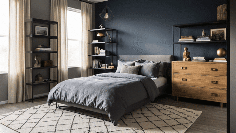 Cinematic view of a sophisticated teenage boy's bedroom featuring charcoal grey walls, a navy accent wall, modern platform bed, soft linen bedding, matte black metal shelving, natural wood dresser, geometric wool rug, and warm golden hour lighting.