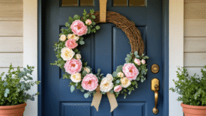 Rustic farmhouse front porch with a weathered navy blue door, adorned with a handcrafted grapevine wreath featuring soft pink peonies, cream roses, and eucalyptus, accented by burlap ribbon. Golden hour lighting creates warm shadows, with terra cotta planters on either side and a vintage brass door handle. The background showcases textured wood siding and a shallow depth of field highlights the delicate flower petals, enhancing the cozy spring atmosphere.