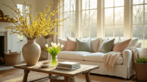 Cinematic wide-angle shot of a sunlit farmhouse living room featuring blooming forsythia branches, a cream linen sofa with blush pink and sage green throw pillows, white tulips on a reclaimed wood coffee table, and warm hardwood floors, all illuminated by golden hour light.