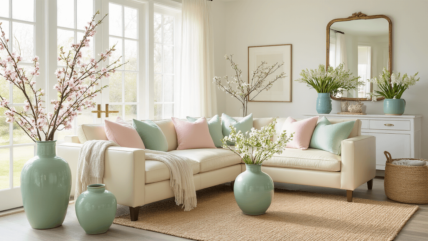 A sunlit mid-century living room featuring a cream leather sectional adorned with pastel linen throw pillows, pale green ceramic vases with cherry blossom branches, and a natural jute rug. Floor-to-ceiling windows let in soft morning light, complemented by a neutral palette with sage and blush accents. An entryway console showcases a spring wreath and potted hyacinths in blue ceramic planters, alongside an antique brass mirror and forced flowering branches in tall glass vases. Lightweight cotton throws are draped naturally, with sheer white curtains filtering golden light, creating a warm, inviting atmosphere enriched with botanical prints and fresh lavender sprigs.
