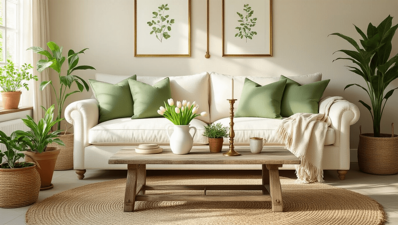 Bright and airy living room featuring a cream linen sofa adorned with sage green throw pillows, a weathered oak coffee table with vintage brass candlesticks, lush terracotta-potted plants, botanical watercolor prints in brass frames, a woven jute rug, and a casually draped wool throw, all bathed in soft morning light that highlights warm earth tones and inviting textures.