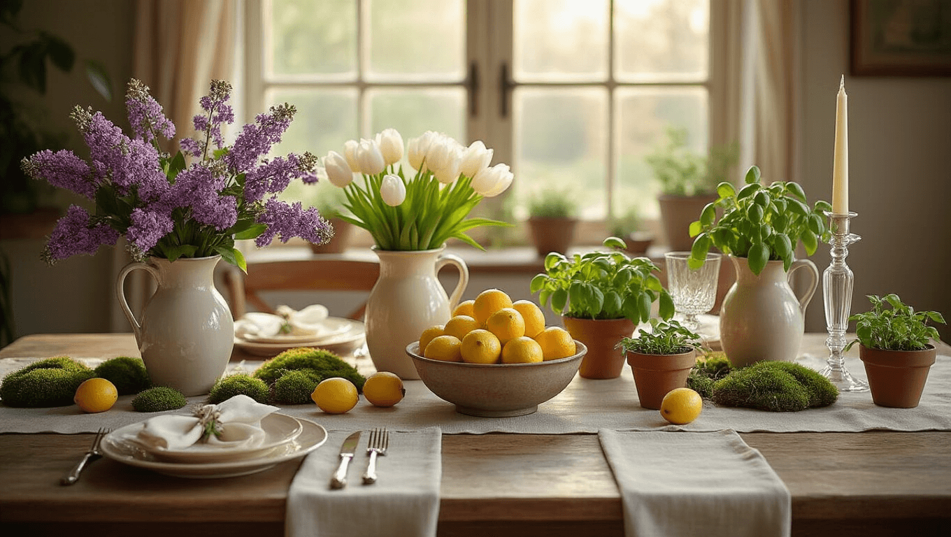 Elegant spring dining table with a linen runner, vintage ceramic pitchers filled with lilacs and tulips, a bowl of citrus, herb pots, and crystal candlesticks, illuminated by soft morning light.