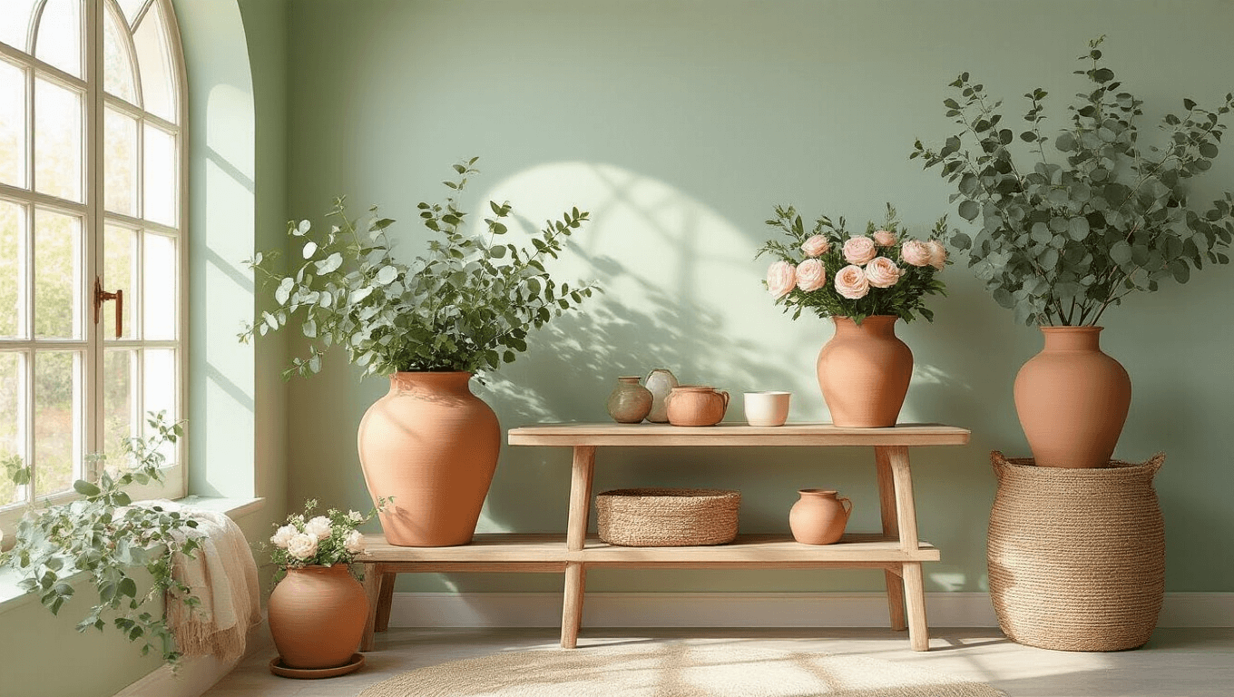 Ultra-detailed interior scene showcasing terracotta planters with eucalyptus and ranunculus, complemented by vintage brass accents and a natural wood console table, all styled in soft pastel colors against sage green walls, enhanced by golden hour lighting through an arched window.