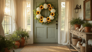 Wide shot of a sun-drenched farmhouse entryway showcasing a large summer wreath made of white hydrangeas and golden sunflowers on a weathered sage door, with warm golden hour lighting illuminating a woven jute rug, vintage console table, and terracotta planters with trailing ivy.