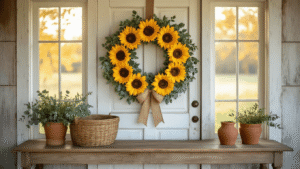 Cinematic wide shot of a rustic farmhouse entryway featuring a weathered white wooden door with an oversized sunflower wreath, a vintage console table with terracotta pots, and warm golden hour lighting creating inviting shadows.