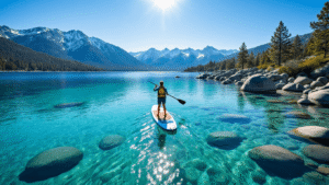 "Person paddleboarding on the clear blue waters of Lake Tahoe with Sierra Nevada mountains in the backdrop, rugged granite shoreline, reflection of snow-peaked mountains on lake, sunlit water sparkles, in a vivid, panoramic outdoor adventure setting."