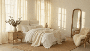 Cinematic wide shot of a serene white bedroom with golden hour light, featuring a cream upholstered bed with textured linens, weathered oak nightstands, a natural jute rug, and cozy decor elements like fresh eucalyptus and a rattan chair.