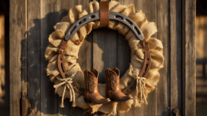 Handcrafted western wreath made of burlap, leather, horseshoes, and cowboy boots on a weathered wooden door, with warm golden hour lighting and rustic ranch backdrop.