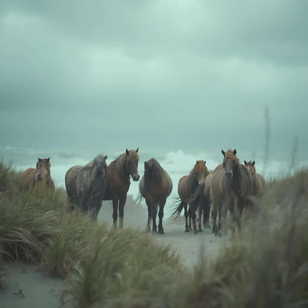 Wild horses standing resiliently on a windswept beach with dramatic barrier island backdrop under a moody overcast sky, showcasing their adaptation to the harsh maritime ecosystem