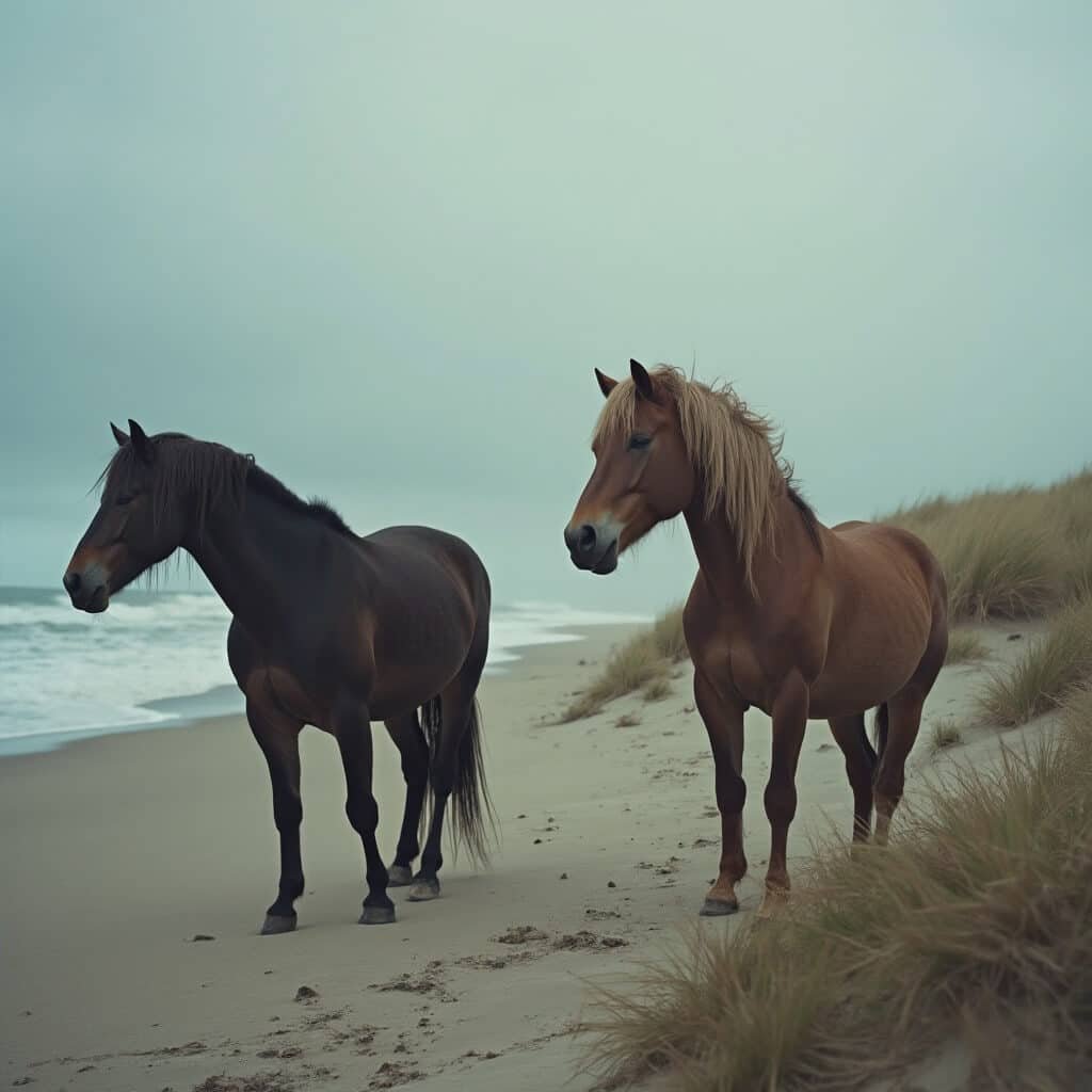 Wild horses surviving on a wind-swept barrier island beach under a dramatic overcast sky, showcasing their adaptation to a harsh maritime ecosystem.