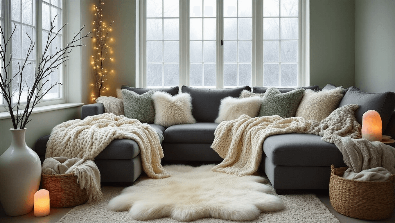 A cozy winter living room featuring a charcoal sectional draped with chunky ivory knits and faux fur pillows, illuminated by soft natural light filtering through frost-etched windows, with a cream sheepskin rug and a tall white vase of fairy-lit branches against pale sage walls, evoking a warm hygge atmosphere.