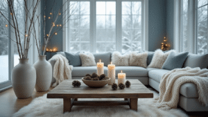 Cinematic wide shot of a sophisticated winter-themed living room with icy blue and soft gray decor, featuring a weathered wood coffee table with pinecones, white candles, birch branches in a vase, cozy throws, faux fur pillows, and warm lighting.