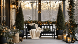 Cinematic winter porch at golden hour with cypress trees in charcoal planters, warm Edison lights on evergreen garlands, a vintage black bench with a cream knit throw, bronze lanterns among greenery, and soft snowfall, creating an inviting atmosphere.