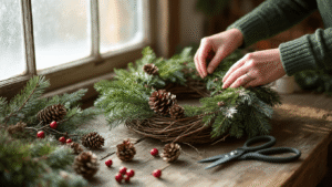 Cinematic close-up of hands arranging fresh evergreen branches, pinecones, and winterberries on a grapevine wreath against a rustic wood background, with soft morning light illuminating the rich textures and a cozy crafting atmosphere.