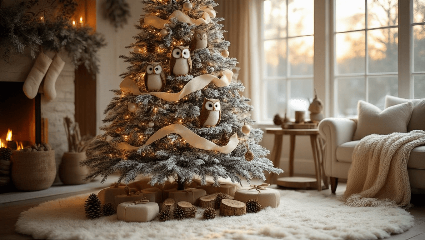 A cozy living room featuring a flocked Christmas tree adorned with oversized felt owl ornaments, white birch branches, and cream burlap ribbons, illuminated by warm golden hour lighting. The scene includes hand-carved wooden fox ornaments, delicate feathers, pinecone accents, a plush cream area rug, and warm amber fairy lights, creating an inviting woodland atmosphere.