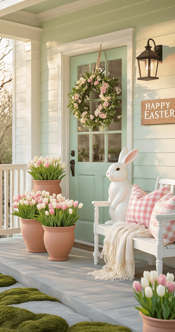 A beautifully styled Easter porch featuring pastel mint green and blush pink hues, with terracotta planters of tulips, a ceramic bunny statue, soft lighting from lanterns, and decorative pillows on a bench, all captured in warm golden hour tones.