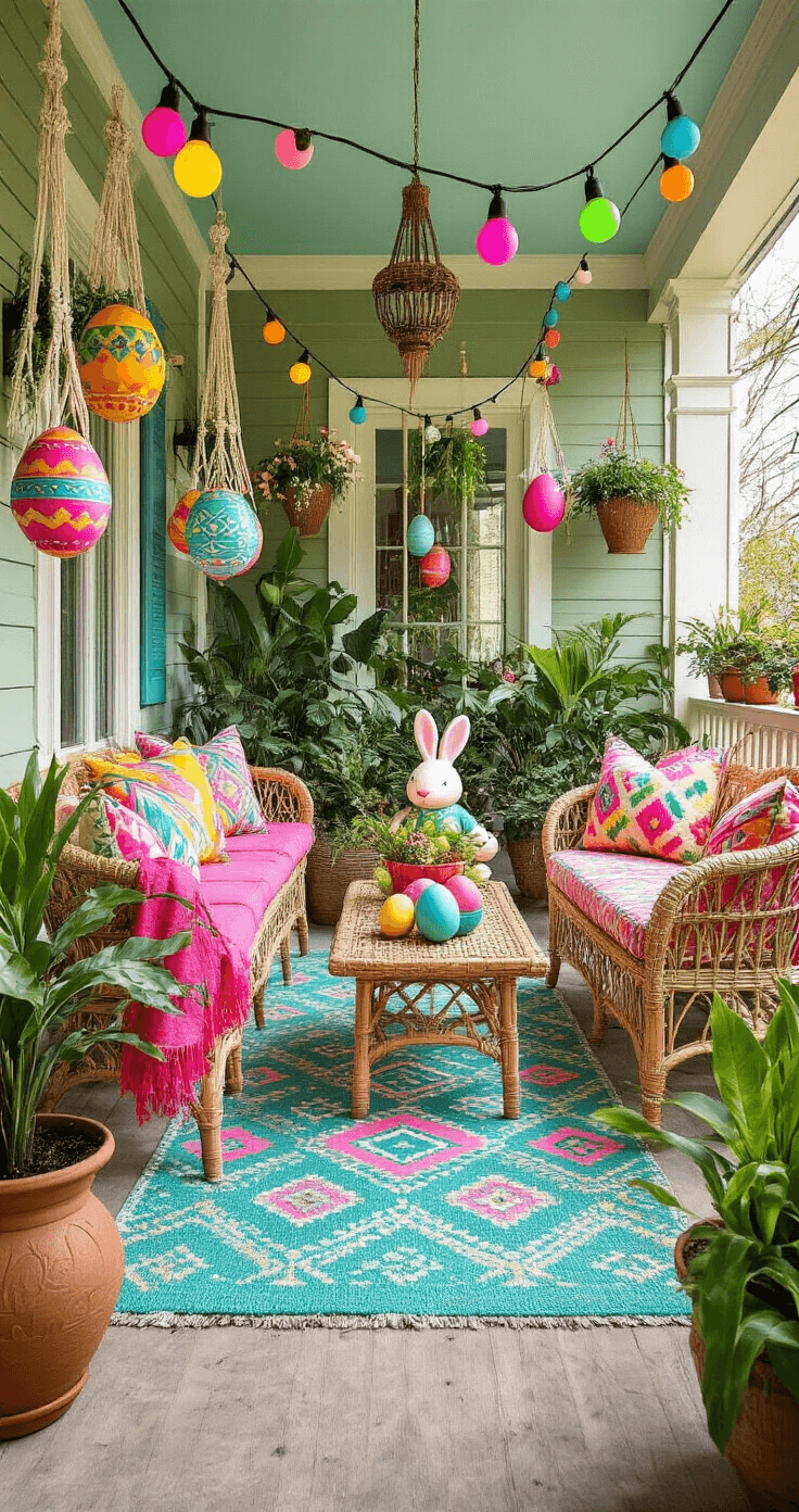 Eclectic bohemian Easter porch adorned with vibrant jewel tones, colorful geometric rug, hanging macrame egg holders, oversized inflatable eggs, vintage rattan furniture with bold cushions, tropical plants, bunny-shaped topiaries, and bright string lights, captured in a wide-angle shot full of visual complexity.