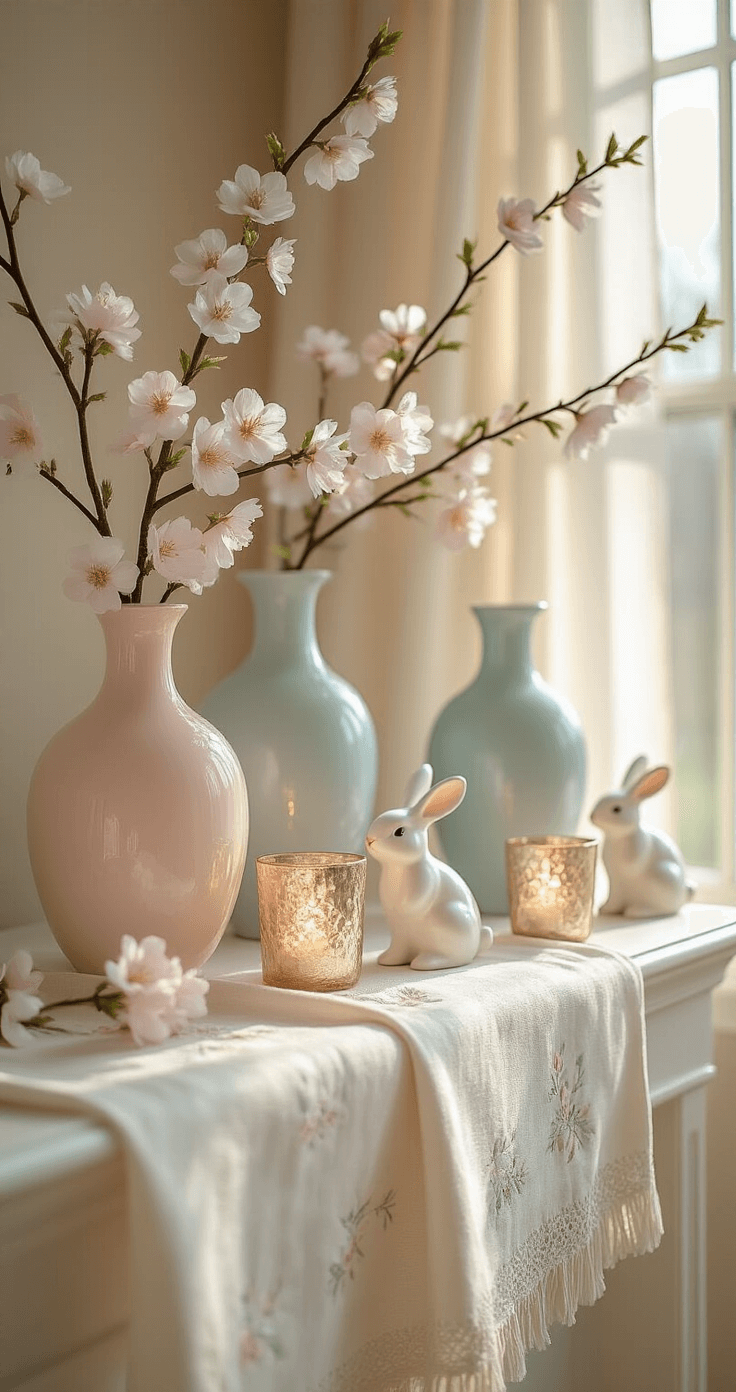A sunlit living room mantelpiece adorned with pastel ceramic vases, a spring garland of artificial cherry blossoms, mercury glass candle holders, vintage white ceramic bunnies, and a linen runner, all bathed in warm natural light streaming through sheer curtains.