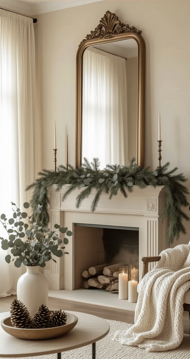 Ultra-realistic winter mantle scene featuring warm cream walls and a soft greige stone fireplace. Late afternoon light filters through sheer curtains, illuminating an oversized antiqued brass-framed mirror and a draped eucalyptus and pine garland. Two graduated brass candlesticks and a tall white ceramic vase with dried eucalyptus branches are artfully arranged alongside a vintage wooden dough bowl filled with pinecones. A soft knit throw rests casually on a nearby chair, with warm white flameless candles casting a gentle ambient glow. The low angle shot emphasizes depth and texture in a neutral color palette of whites, warm woods, and deep sage greens.