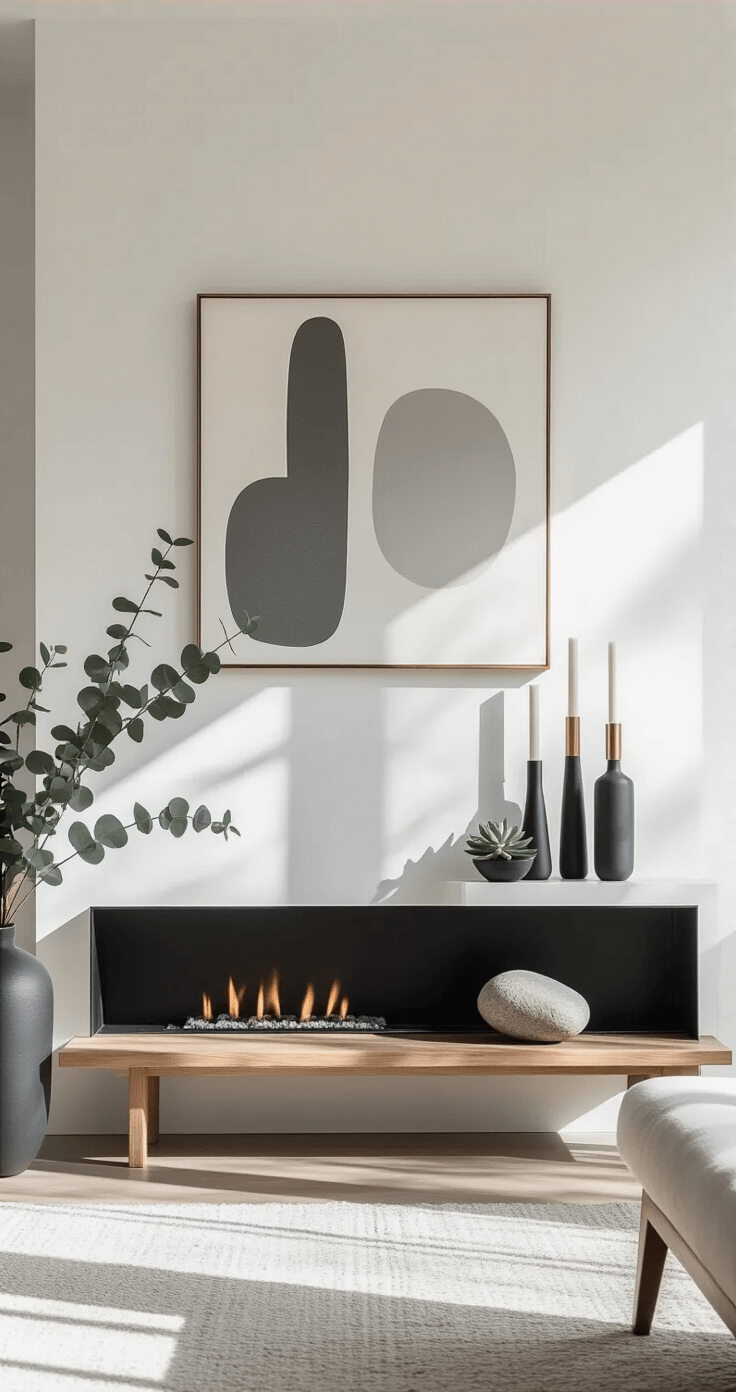 Minimalist modern living room with pure white walls, sleek black metal fireplace, mid-century geometric candleholders, large abstract gray art piece, asymmetrical ceramic vessel with eucalyptus, natural wood console table with river stone and succulent, soft winter light casting shadows, and clean design lines.
