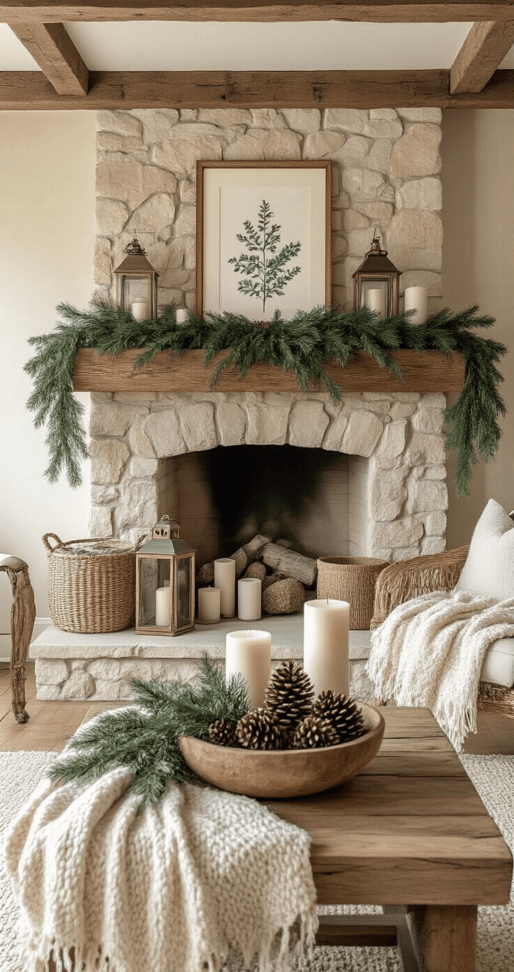A rustic farmhouse mantle features a natural stone fireplace, warm wooden beam, and soft cream walls, adorned with layered greenery, vintage botanical prints, brass lanterns, a weathered dough bowl with pinecones, white pillar candles, and a cozy wool throw, all illuminated by soft winter morning light.