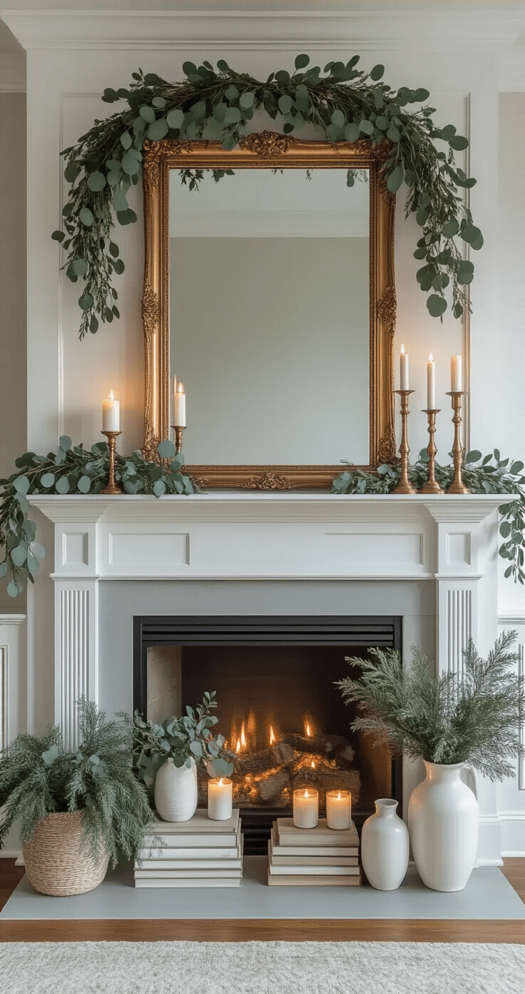 Transitional winter mantle featuring a soft gray wooden design with white crown molding, highlighted by a large ornate mirror in an aged gold frame. Decorated with layered greenery, brass candlesticks of varying heights, minimalistic white ceramic vases, vintage books, and a small winter plant. Ambient lighting from flameless candles and warm LED string lights casts soft shadows in the late afternoon light, creating an elegant and balanced composition.