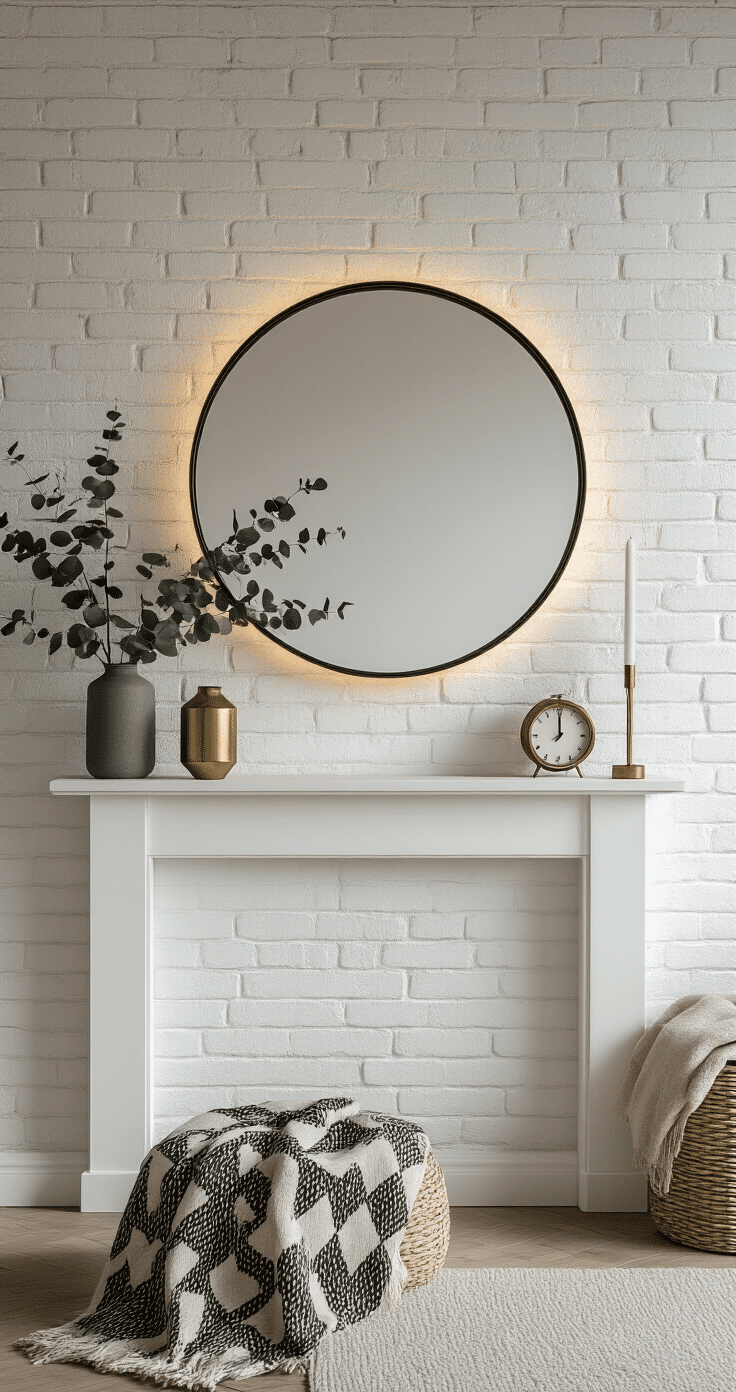 Compact urban loft featuring a narrow white mantle against an exposed brick wall, adorned with an oversized round mirror, minimalist greenery in a tall ceramic vase, geometric brass candleholders, and a vintage clock. A soft wool throw drapes nearby, illuminated by warm LED strip lighting and mid-morning winter light, creating crisp shadows in a palette of whites, soft grays, brass, and deep green.