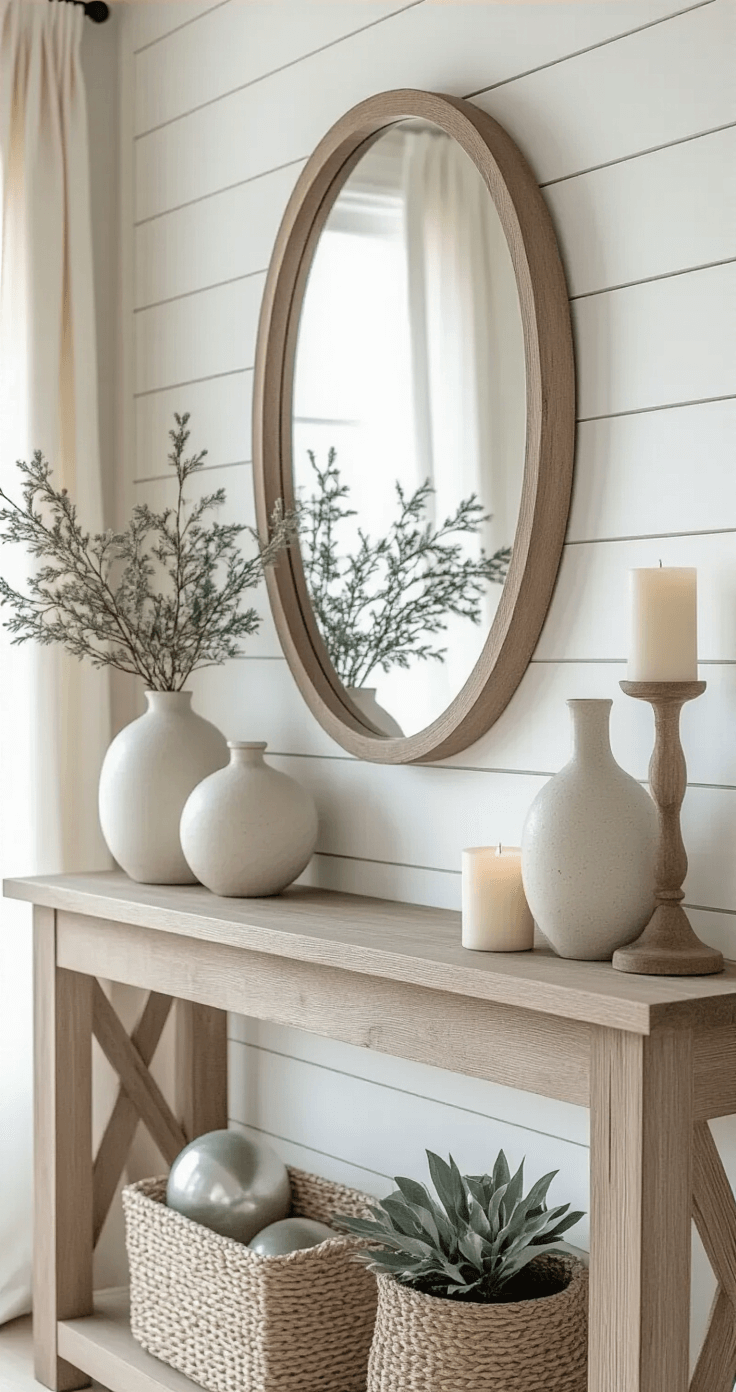 A modern coastal winter mantle featuring white shiplap walls and a light wood mantle, adorned with a large driftwood-toned mirror, organic-shaped ceramic vases with minimal greenery, and flameless candles of varying heights, all bathed in soft morning light filtering through linen curtains, creating a serene and airy atmosphere.