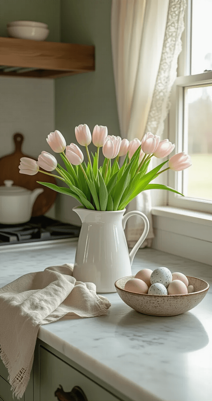 A softly lit modern farmhouse kitchen at golden hour, showcasing a marble countertop with a white ceramic pitcher of pale pink tulips, vintage linen dish towels on a rustic oven handle, and speckled ceramic eggs in a dough bowl, all set against muted sage green walls and lace curtains.