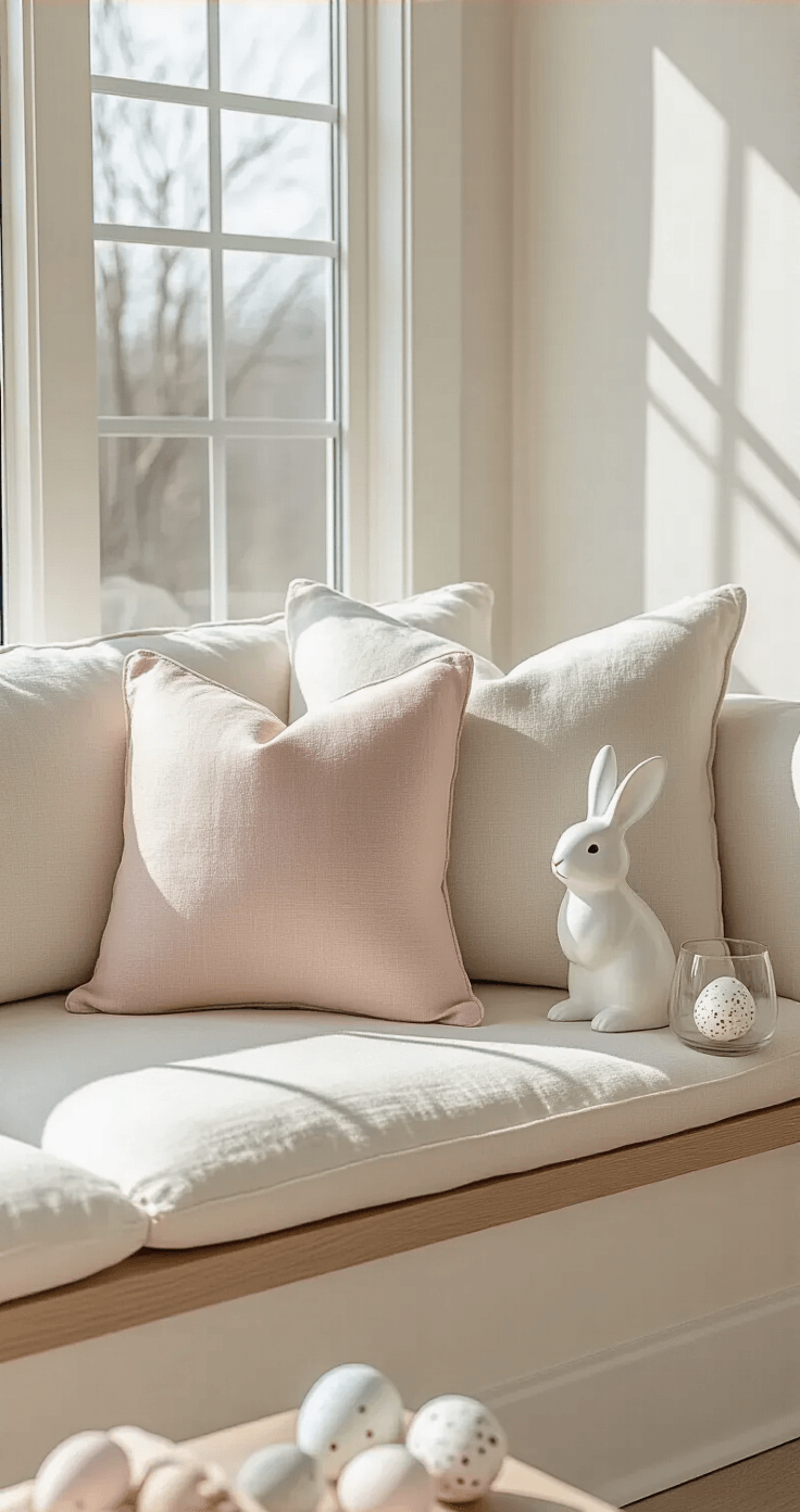 A minimalist living room corner featuring a cream linen sofa with a blush-toned throw pillow, a white ceramic bunny figurine on a wood shelf, and a small glass hurricane with speckled eggs, all illuminated by soft natural light.