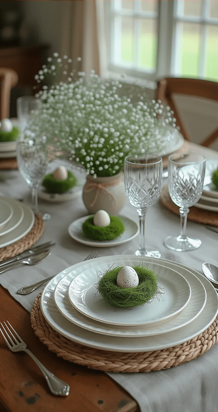 An elegant Easter brunch dining table with a dove gray linen runner, mismatched white and cream plates, delicate hand-painted egg place cards, tiny moss nests with speckled eggs, crystal wine glasses, and a low centerpiece of fresh baby's breath and pale green eucalyptus under soft overhead lighting.