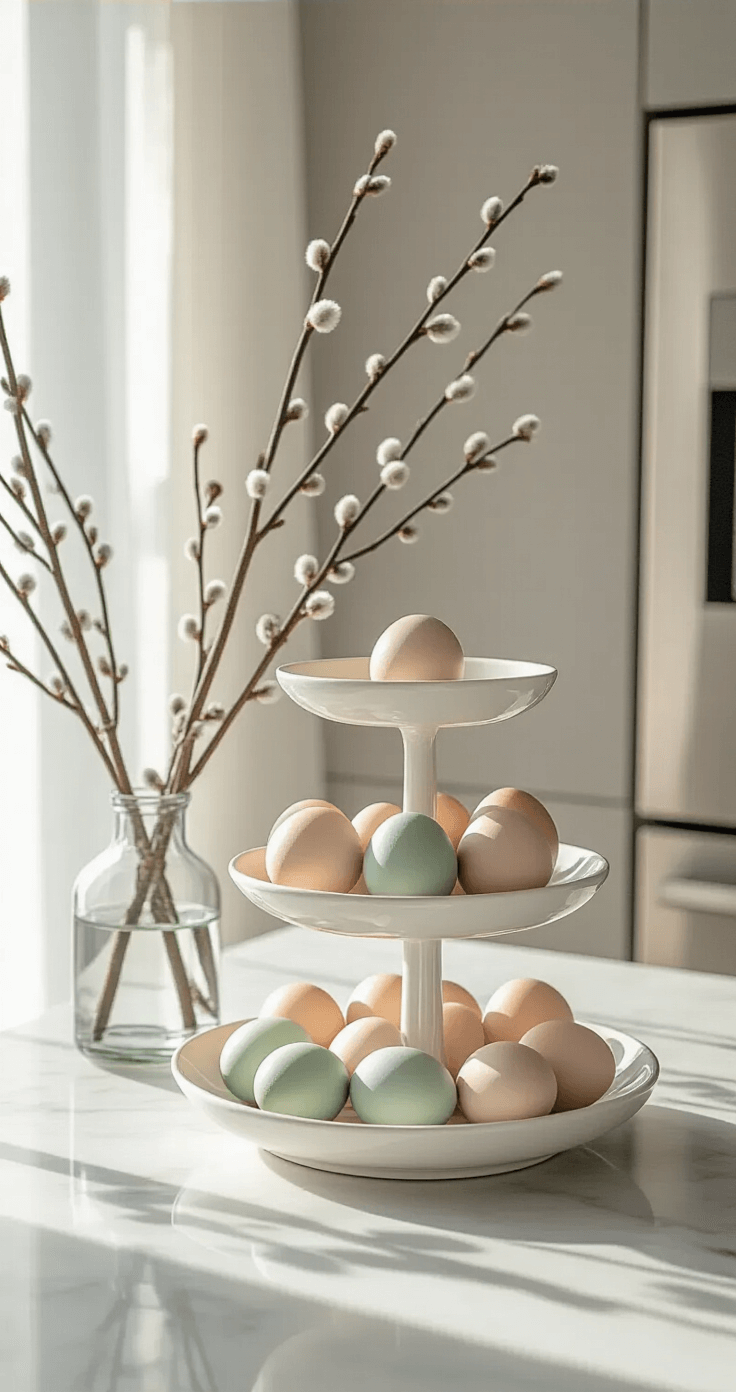 Modern kitchen island with marble surface and tiered white ceramic stand, showcasing naturally dyed eggs in soft sage, blush, and cream. A clear glass vase holds pussy willow branches, while minimal stainless steel appliances are visible in the background. Soft morning light filters through sheer white curtains in an overhead shot emphasizing clean lines and seasonal touches.