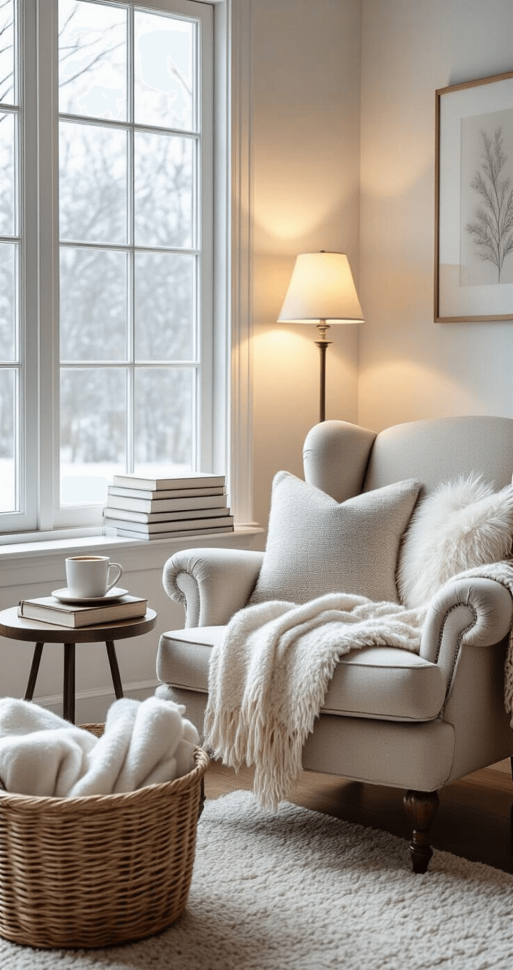 A cozy reading nook featuring a vintage flannel-upholstered armchair by a large window, bathed in soft winter light. The space is filled with stacks of white and gray books, a side table holding a steaming mug of hot chocolate, and decorative faux fur throw pillows. A woven basket of extra blankets and soft white walls with minimal artwork create a tranquil atmosphere, enhanced by a warm golden glow from a table lamp.