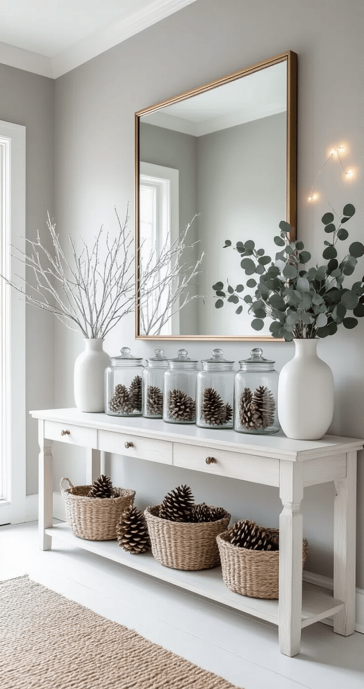 A Scandinavian-inspired winter entryway featuring a whitewashed wooden floor, a simple console table adorned with glass apothecary jars filled with pinecones and white-painted branches, an oversized mirror with a subtle brass frame, a natural jute runner, a white ceramic vase with eucalyptus, soft gray walls, and white string lights along a floating shelf, illuminated by natural light from a frosted window.
