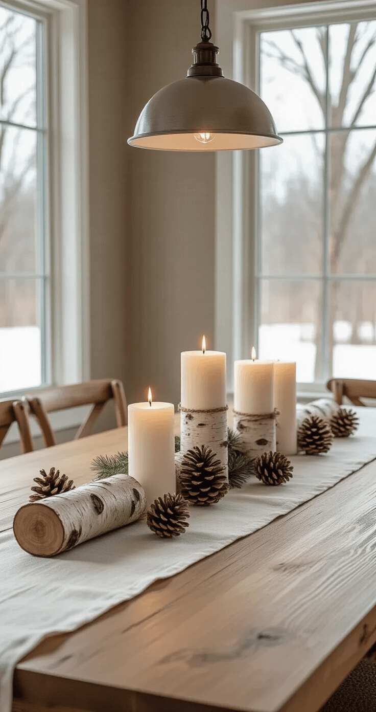 Serene dining room showcasing a long wooden table with a natural centerpiece of birch logs, white pillar candles, and scattered pinecones, complemented by a soft linen runner and views of bare trees through large windows, all illuminated by warm winter afternoon light.