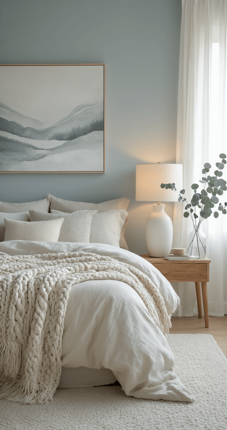 A minimalist bedroom sanctuary featuring layers of cream and gray bedding, a chunky cable-knit throw, and a white ceramic lamp with a warm bulb on natural wood side tables. The space includes large abstract artwork in muted winter tones, soft eucalyptus branches in a glass vase, and a frost-blue accent wall, with soft morning light filtering through sheer curtains, captured from a corner angle to highlight depth and texture.