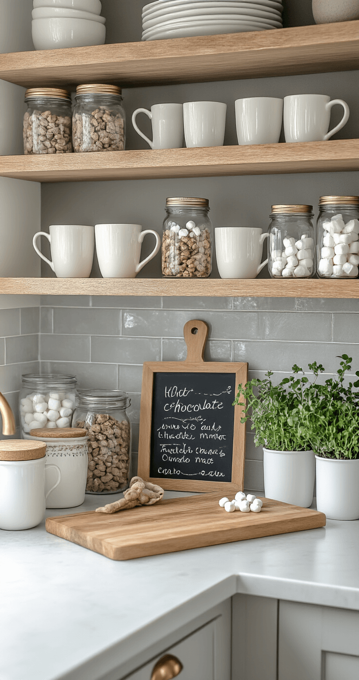 Cozy kitchen corner featuring open shelving with white ceramic mugs and glass jars of cocoa and marshmallows, a handwritten chalkboard menu, brass accents, a wooden cutting board, potted herbs, and soft winter light, styled as an inviting hot chocolate station.