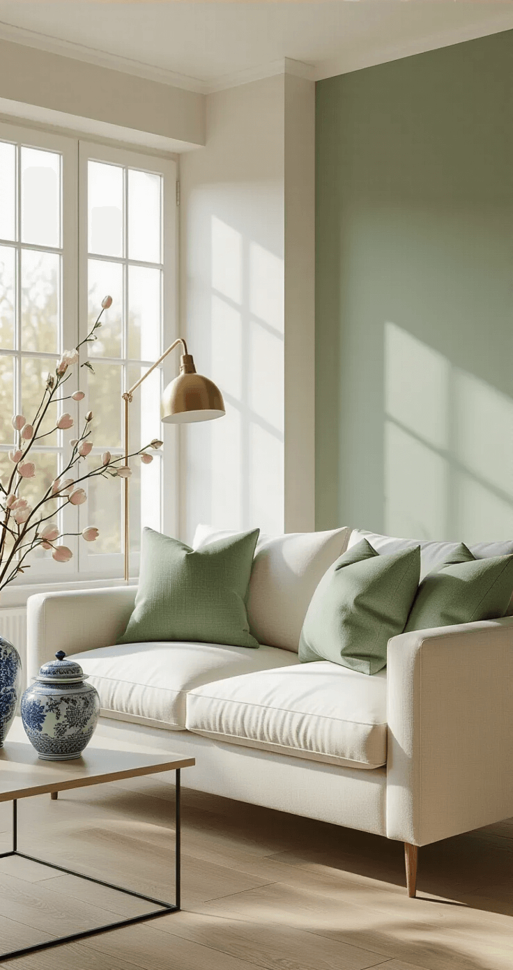 Ultra-realistic living room featuring a sage green accent wall, warm white walls, and light oak flooring, illuminated by diffused morning light from large windows. The minimalist white linen sofa with sage green throw pillows is complemented by a brass floor lamp. A blue and white ceramic ginger jar with faux tulips sits on a mid-century modern side table, alongside a cherry blossom branch arrangement in the corner, all showcasing soft natural textures and neutral styling.